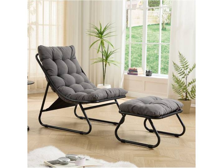 Fauteuil Lounge Gris Noir Chaise Détente FloraGrace Pour Intérieur Extérieur Avec Repose-Pieds 65x78x86cm Et 59 5x50x30cm
