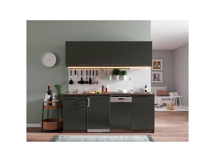 Küchenzeile Economy m. Geräten 195 cm Grau/Eiche Dekor modern