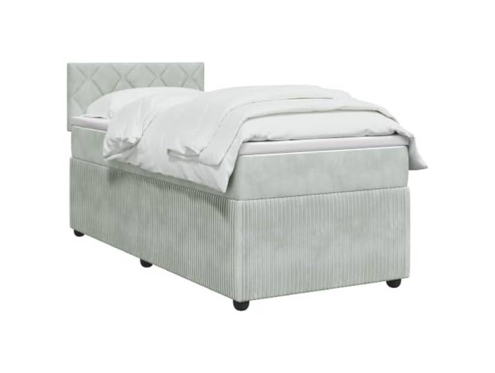 PUGYNBK Boxspringbett aus Samt, Hellgrau, 90 x 200 cm Verstellbares Kopfteil, USB-LED-Lichter, mittlere Festigkeit, waschbare Bezüge