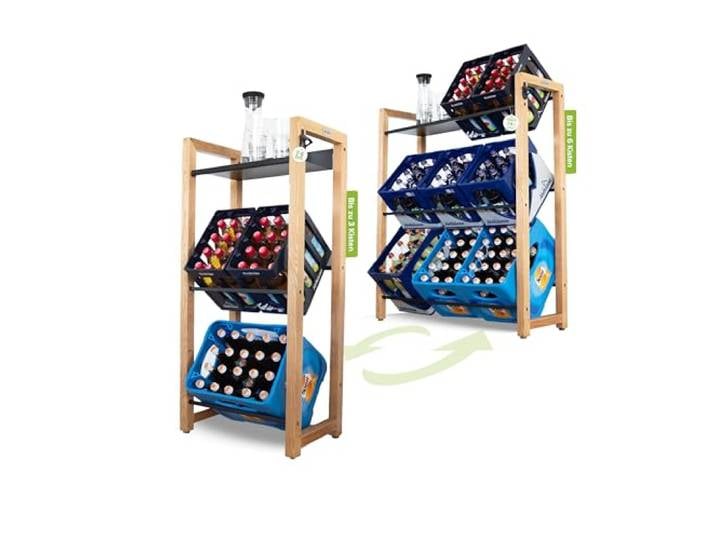bevo - Getränkekistenregal für 2-6 Kisten Eiche Holz inkl. Metall-Ablage Getränkeregal & Kistenregal mit 2 Stangenlängen (individuell verstellbar) - Getränkekisten Regal für Getränke & Kästen