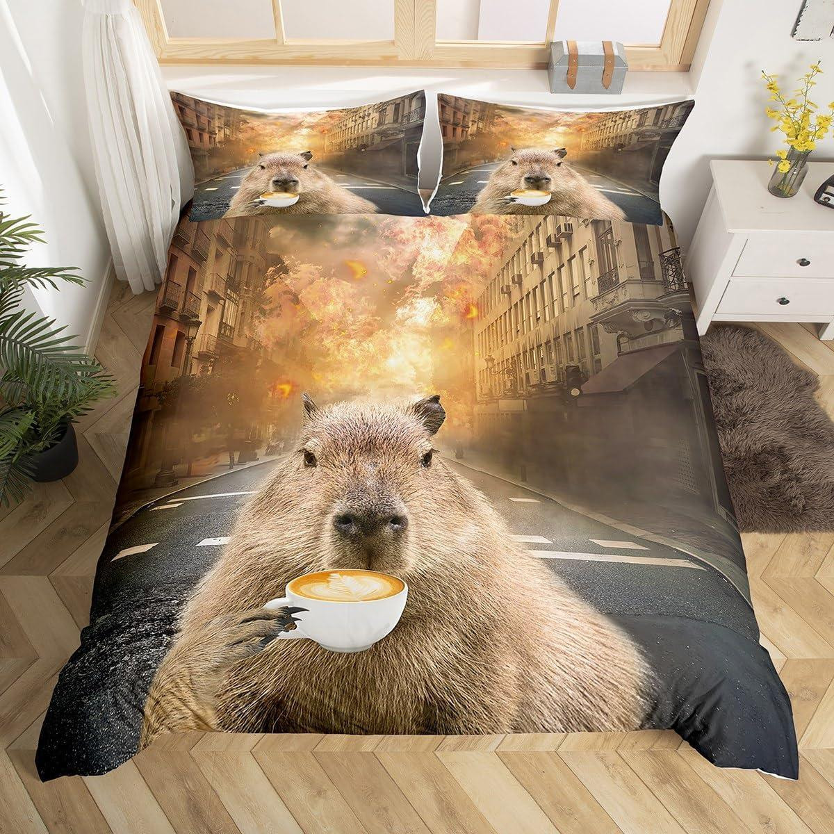 Capibara dekbedovertrek met grappig dier en koffie voor kinderen en peuters