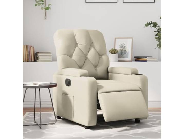 HEFZGDB Elektrischer Relaxsessel mit Liegefunktion und Seitentasche in Creme Kunstleder