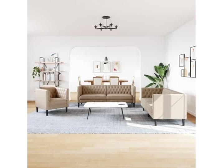 KTHLBRH Chesterfield-Sofa-Set, 3-teilig, Cappuccino, Kunstleder Strapazierfähiges Kunstleder, Schaumstoffpolsterung, max. Belastung 110 kg, klassischer Stil