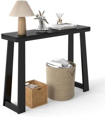 Costway Solid Rubber Wood Console Table 43inch Narrow Entryway Table with Thick Tabletop and Stable Base-Black