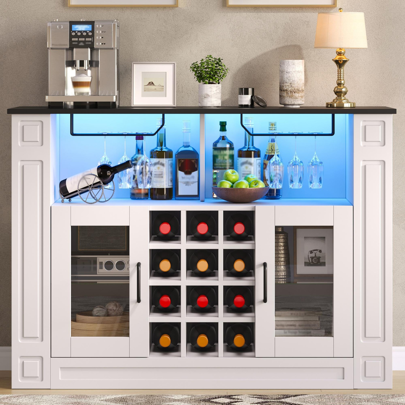 Merax Modern Dressoir met Wijnkast en Koffiebar, Wit, met LED-verlichting