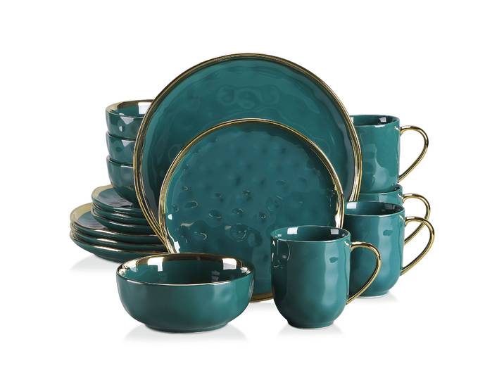 LOVECASA 16/32 pièces service de vaisselle en porcelaine verte avec 4 pièces assiette à Dessert à garniture dorée, assiette à dîner, tasse, bol ensemble de vaisselle