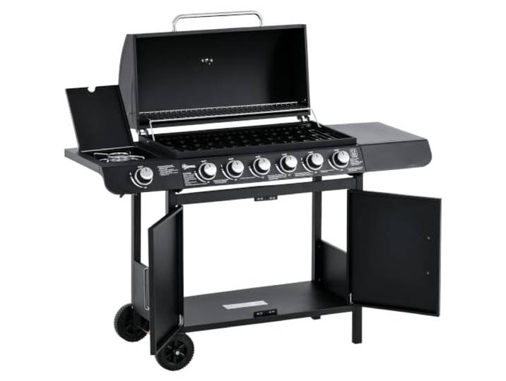 Outsunny Gasgrill 20KW 7 Edelstahl-Brenner Seitenkocher 135 x 50 x 100 cm Grillwagen, Druckminderer, Gasschlauch, 2 Heizzonen, Thermometer, Seitenablagen, BBQ Gartengrill, für Balkon, Camping