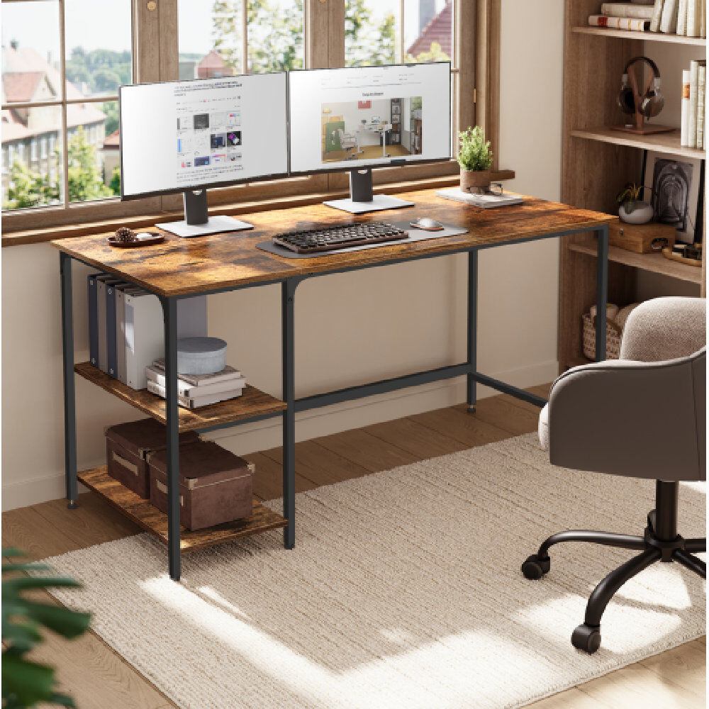 17 Stories Industrial Computer Desk with Reversible Storage Shelves Rustic Brown/Black 75cm H x 140cm W x 60cm D