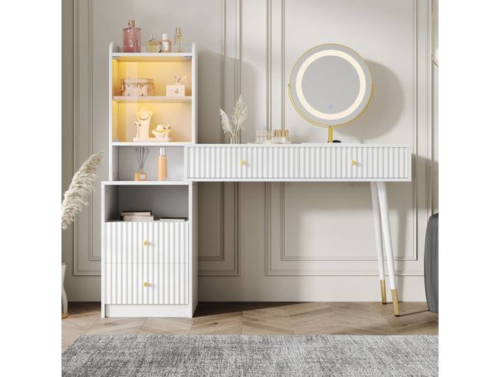Coiffeuse - Miroir LED - Éclairage 3 couleurs - 4 tiroirs - 100 x 40 x 125 cm