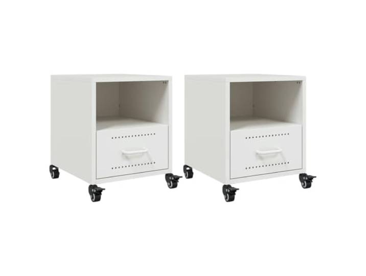 KDVXBCQJH 2er Set Nachttische Weiß 36x39x43,5 cm Stahl mit Rollen Mobiler Beistellschrank fürs Schlafzimmer mit Schublade, Fach und Rollen für flexible Aufbewahrung direkt am Bett.