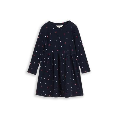 Jerseykleid TOM TAILOR, Mädchen, Gr. 128/134, N-Gr, blau (navy colorful heart), Obermaterial: 93% Baumwolle, 7% Elasthan, A-Linie, Rundhals, Kleider Jerseykleid