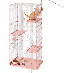 VEVOR Katzenkäfig Katzengehege 4-Stock Katzenauslauf 84x60,5x163,5 cm, DIY-Katzenlaufstall mit Leitern Abnehmbarer Drahtkäfig Indoor-Auslauf für 1-2 Katzen Frettchen & Kleintiere, Rosa