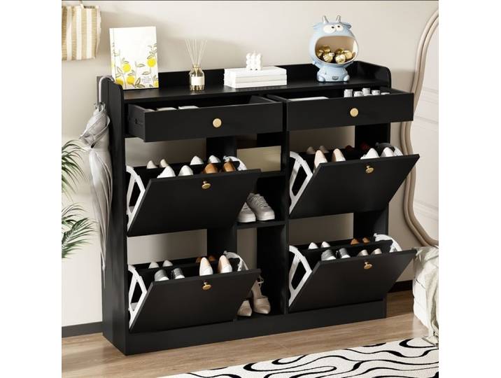 Meuble à Chaussures - Moderne - 4 Portes - 2 Tiroirs - 3 Etagères - Noir - 110x26x100 cm