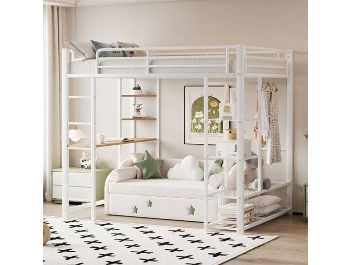 Lit Mezzanine 1 Place avec Bureau Lit Mezzanine Enfant 90x200 avec Escalier Étagères Suspendues Rangement Armoire Ouverte