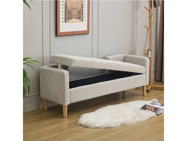 Banquette de rangement grise avec coffre intérieur accoudoirs dossier et 2 coussins cylindriques 152 cm