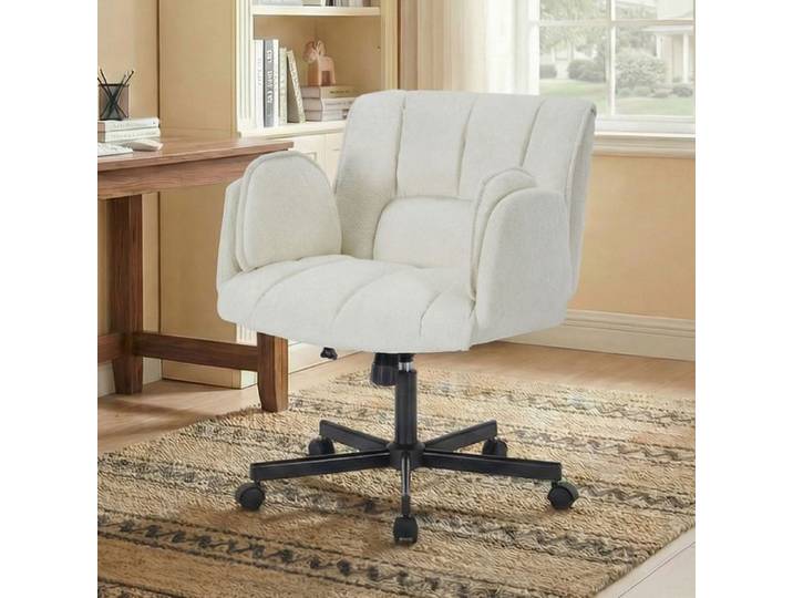 Chaise de bureau accoudoirs repliables-Fauteuil gaming pivotant-Coussin lombaire gonflable assise large-Support ergonomique -Beige