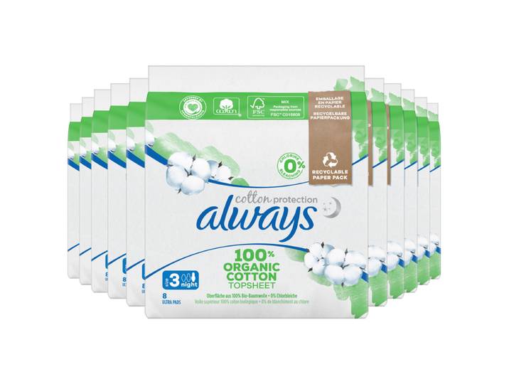 Always Cotton Protection Night Maandverband Met Vleugels 96 stuks, Toplaag van 100% Biologisch Katoen