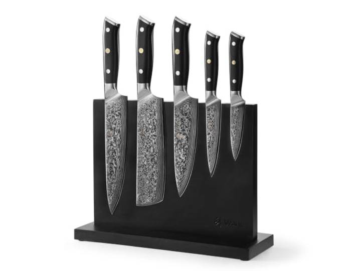 Wakoli Elite Cuisine Damast Küchenmesser Set & magnetischer Messerblock 5-teiliges Damastmesser Set aus 67 Lagen Damaststahl mit VG10-Kern, G10-Griffe, Messerblock aus Akazienholz