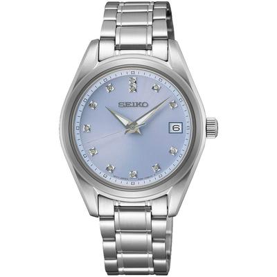 Quarzuhr SEIKO, silber (silberfarben, hellblau), Armbanduhren, Damen, Quarzuhr, Armbanduhr, Damenuhr, Edelstahlarmband, Datum, Saphirglas