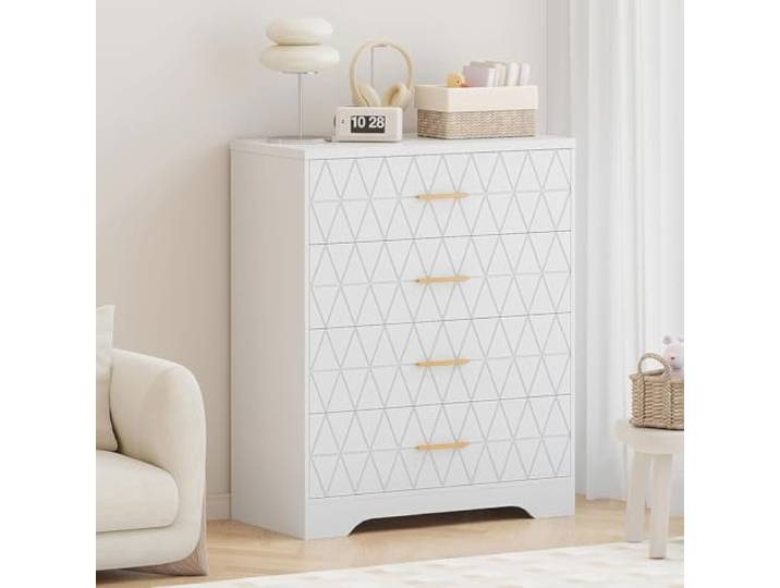 IDEALHOUSE Moderne hohe Kommode mit 4 Schubladen, schmaler Holz-Schubladenschrank – goldene Griffe, vertikaler Stauraum für Schlafzimmer/Flur/Wohnzimmer – Farbe: Weiß