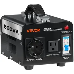 VEVOR Spannungswandler-Transformator, 500VA, Aufwärts-/Abwärtstransformator, Konvertierung von 110 V auf 220 V & von 220 V auf 110 V, mit US-, EU-Steckdose, Netzkabel, Schutzschalter
