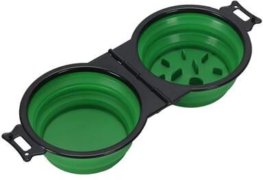 Uplift Treasures Foldable Dual Bowl Portable Pet Feeding And Water Bowl For Travel green (slow Feeder)