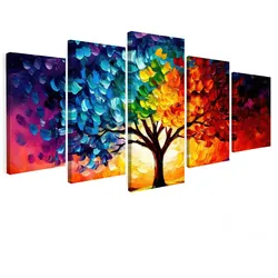 LEINWANDBILD 5er Set Baum - Farbenfroh - Malerei-Look - Abstrakt 100x50 cm