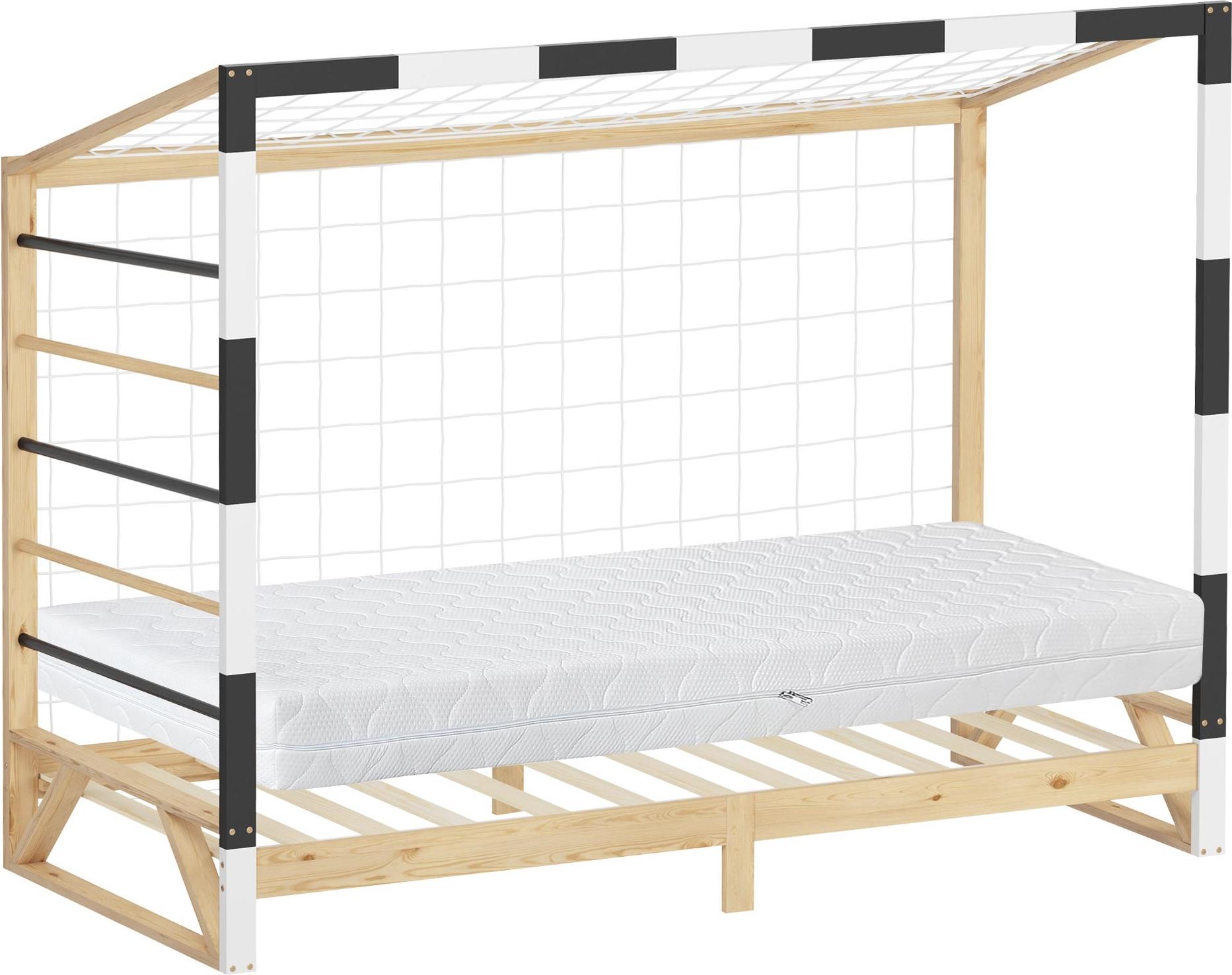 ML-Design Kinderbett Fußballtor 90x200 cm Holzbett mit Matratze Lattenrost & Netz Jugendbett aus Kiefernholz Einzelbett für Kinder Handballtor Bett