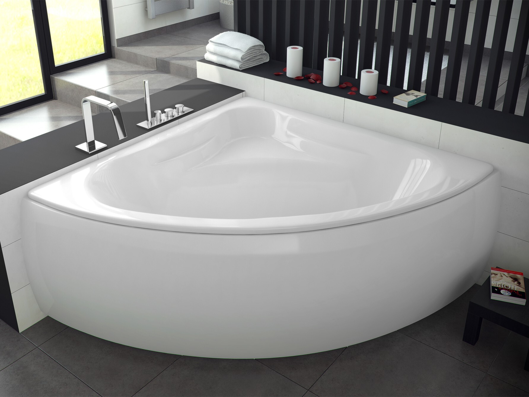 Eckbadewanne, Badewanne Mia 120x120 mit Schürze , Ablaufgarnitur und Füßen