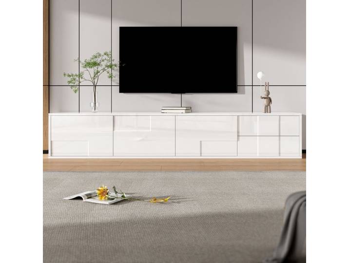 Meuble TV Mural - Blanc Brillant - 170 cm - 3 Portes - 2 Tiroirs - Lowboard Télévision Suspendu ou Posé