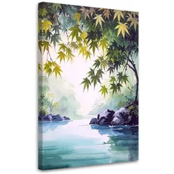 WANDBILD, Japanische Landschaft Ahornblätter Natur grün
