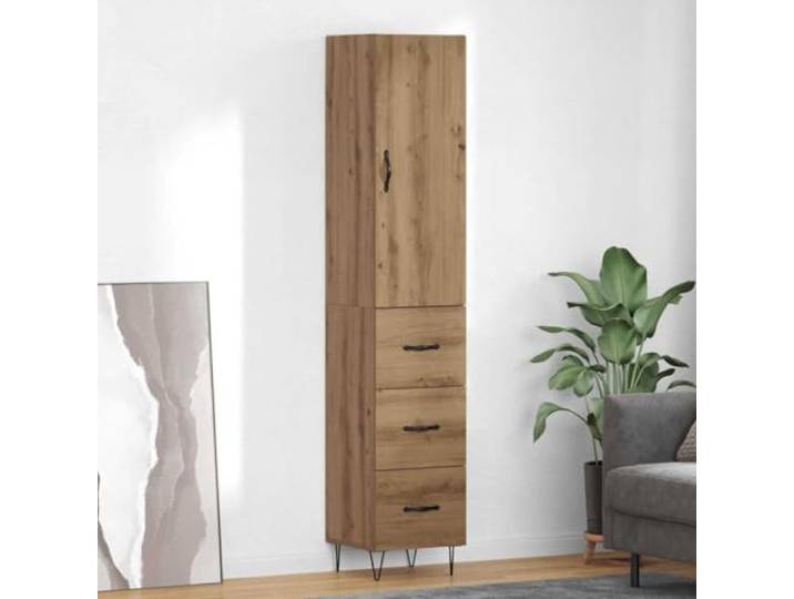 Highboard Artisan-Eiche 34,5 x 34 x 90 cm Holzwerkstoff mit Metallbeinen Stauraum, Regalbretter, Bar-Griffe, Wandbefestigung, Wohnbereich, Essbereich