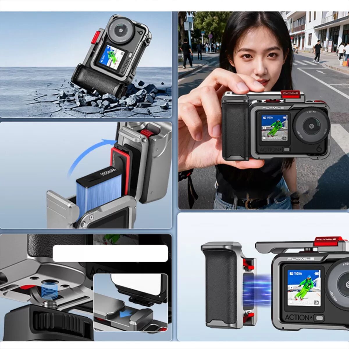 INF Action Camera Cage Schutzgriff-Set kompatibel mit DJI Osmo Action 6 – Aluminiumgehäuse mit Silikongriff, Cold Shoe &