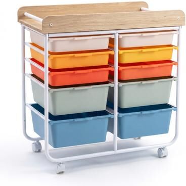 Costway 10-Drawer Rolling Cart with Wooden Tabletop and Lockable Wheels for Office-Macaron