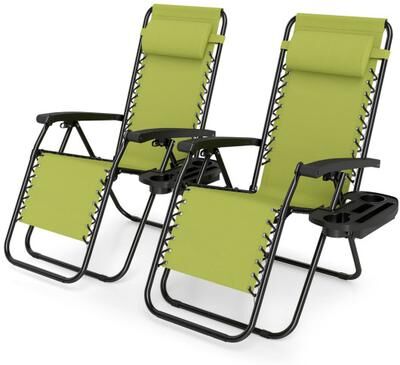Costway Set of 2 Portable Zero Gravity Chairs with Cup Holder Trays and Backrest -Green
