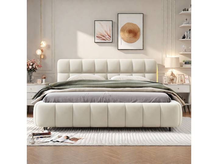 Rosahqnda Polsterbett,Jugendbett,Doppelbett mit weicher Rückenlehne,Flachbett mit Polsterumrandung,Lattenrost Leinen Beige