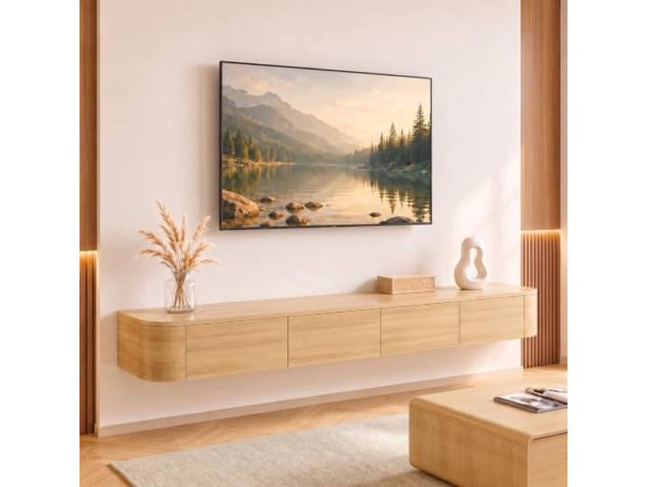 Ribanedy Modernes Schwebendes TV-Regal Wandmontierte Unterhaltungsmedien-Konsole Großes Aufbewahrungs-TV-Bank für Wohnzimmer & Büro (Holzfarbe, 120cm)