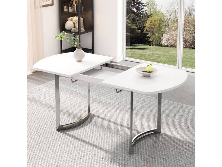 Table Extensible Salle a Manger Table a Manger Blanche Extensible avec Support en Alliage Haute Résistance Pieds en Métal Argenté