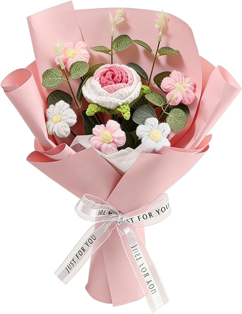 SnelShoppen Gehaakt Boeket met Roze Rozen en Eucalyptus - Handgemaakt Kunstboeket