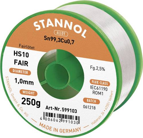 Stannol HS10-Fair Lötzinn Spule Sn99,3Cu0,7 ROM1 250g 1mm