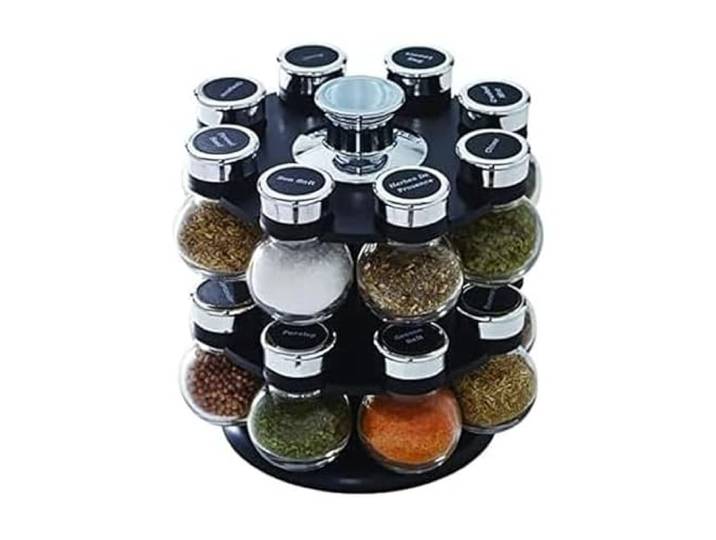 Kamenstein Ellington Gewürzregal für 16 Gläser, drehbar, mit Kappen und Gewürzen im Lieferumfang enthalten, inkl. Gewürz-Nachfüllpackungen für 5 Jahre: Schwarz und Chrom