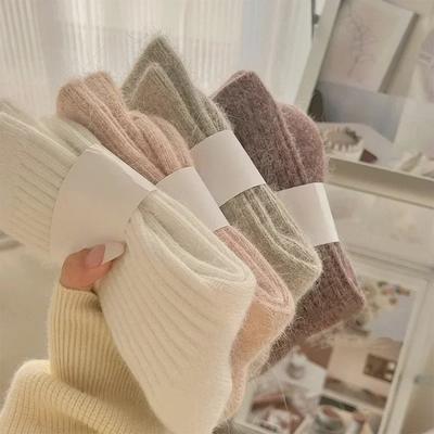 Winter Thick Warm Womens Cashmere Wool Socks Style Solid Color Thermal Fashion Socks For Ladies light Brown