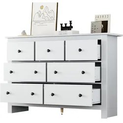 Lowboard 152x40x88 cm Weiß, Landhausstil Anrichte mit 7 Schubladen, vielseitiger Stauraum, Kippsicherung, Spanplatten Möbel