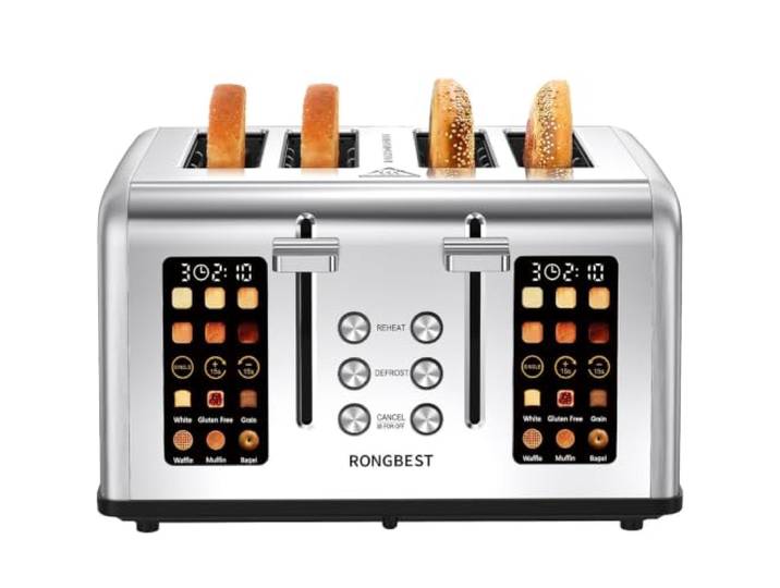 Toaster mit 4 Scheiben, Toaster aus Edelstahl mit breiten Schlitzen für Bagels und Brot, Aufwärmen/Auftauen/Abbrechen, herausnehmbares Tablett für