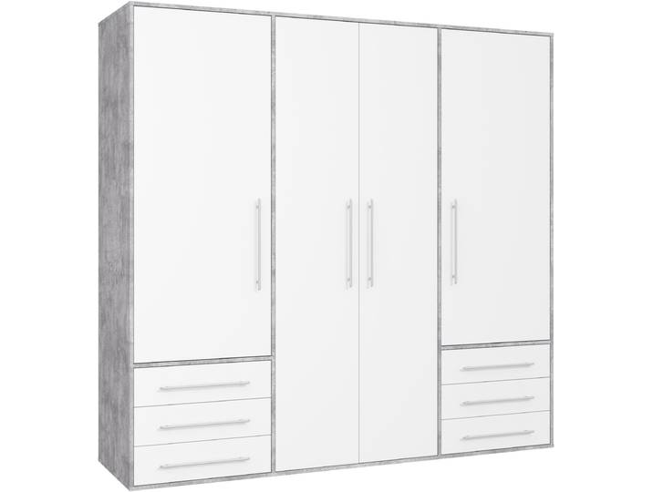 Drehtürenschrank FORTE Mokkaro, Kleiderschrank,zeitloses Design, 4 türig , weiss (betonoptik lichtgrau, weiß), B:205,9cm H:200cm T:53cm, Holzwerkstoff, Schränke, Drehtürenschrank, viel Stauraum, Schubladen, Stangengriffe, Made in Europe