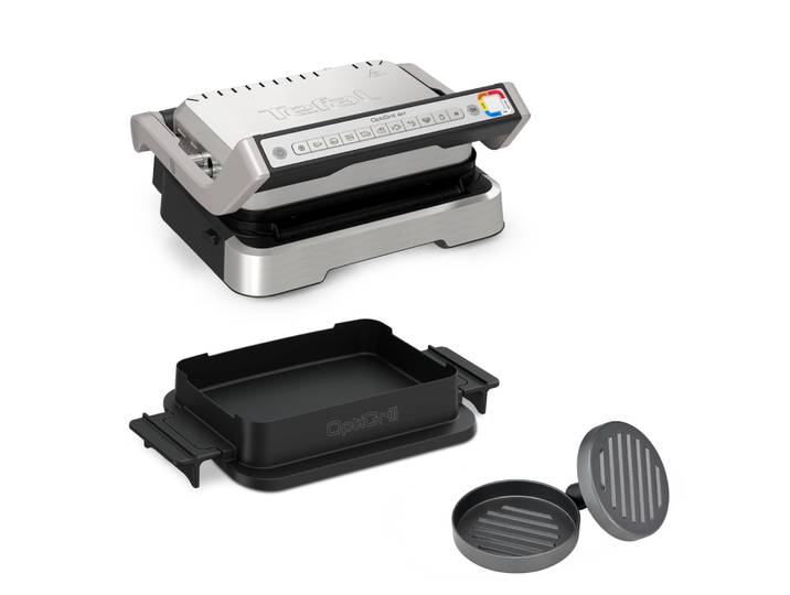 Kontaktgrill TEFAL GC774HP OptiGrill 4in1 , silber (silberfarben), B:29cm H:41,2cm T:46,6cm, Kontaktgrill_Standgrill_Tischgrill_Teppanyakigrill, Kontaktgrill, inkl. Backschale, aufklappbar. Gratis: Hamburger Presse