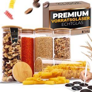 Clidor Vorratsglas mit Bambusdeckel, 0,85 Liter, rund, luftdicht, Set, 5 Stück
