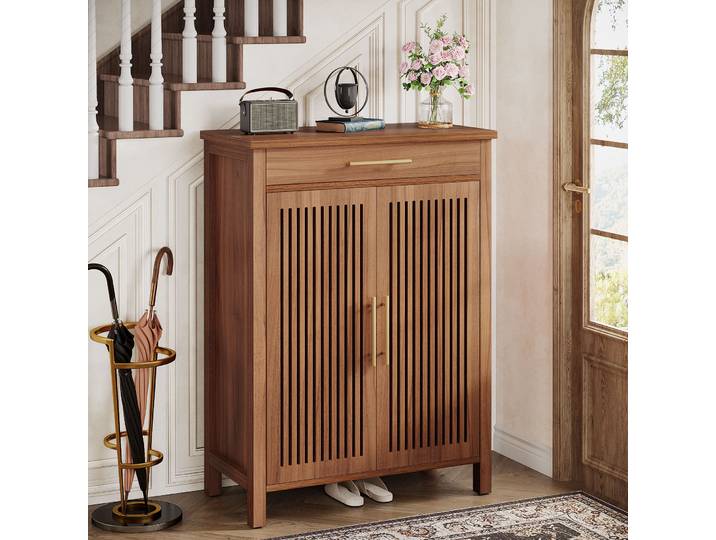 Meuble à chaussures Tribesigns, armoire de rangement à 5 niveaux avec portes à persiennes et tiroir, organisateur de chaussures en bois autoportant
