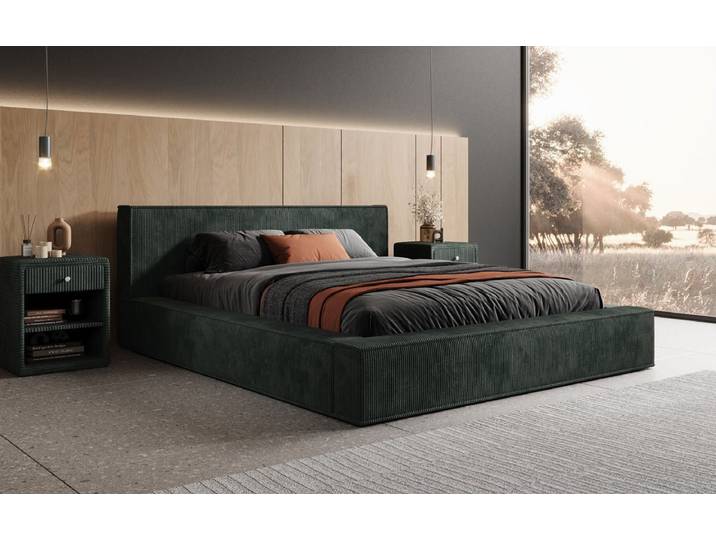 Designer Polsterbett Harmon in Cord mit Stauraum - 200x200 - Grün - Luxusbetten24