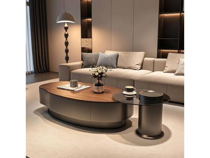 Mango Couchtisch mit Sintersteinplatte, Moderner Minimalistischer Stil Sintersteinplatte, Mango-Form-Design, moderner minimalistischer Stil, Creme-Optik, Couchtisch für kleine Räume, Wohnzimmer